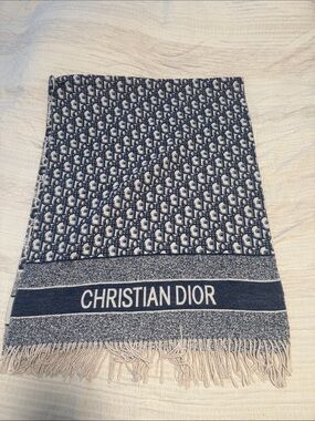 Dior Navy & Cream Logo Fringe Shawl